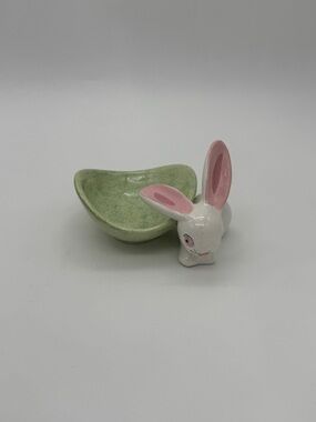 (Signed) ACE Art Pottery Bunny Rabbit Candy Trinket Bowl Handmade Green Speckled